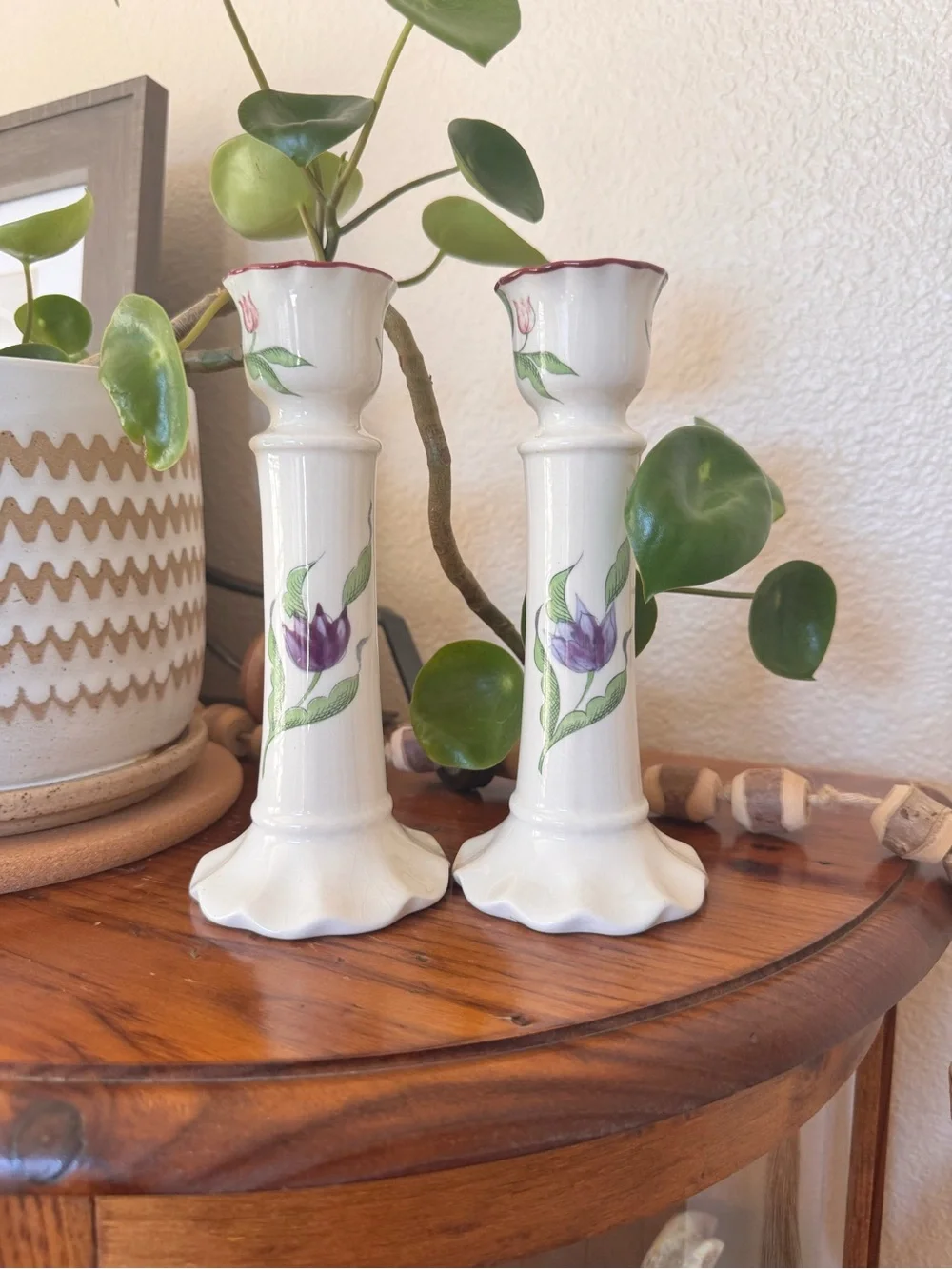 Vintage MANN Japan 1982 Floral Candlestick Holders Pair Cottagecore Porcelain
